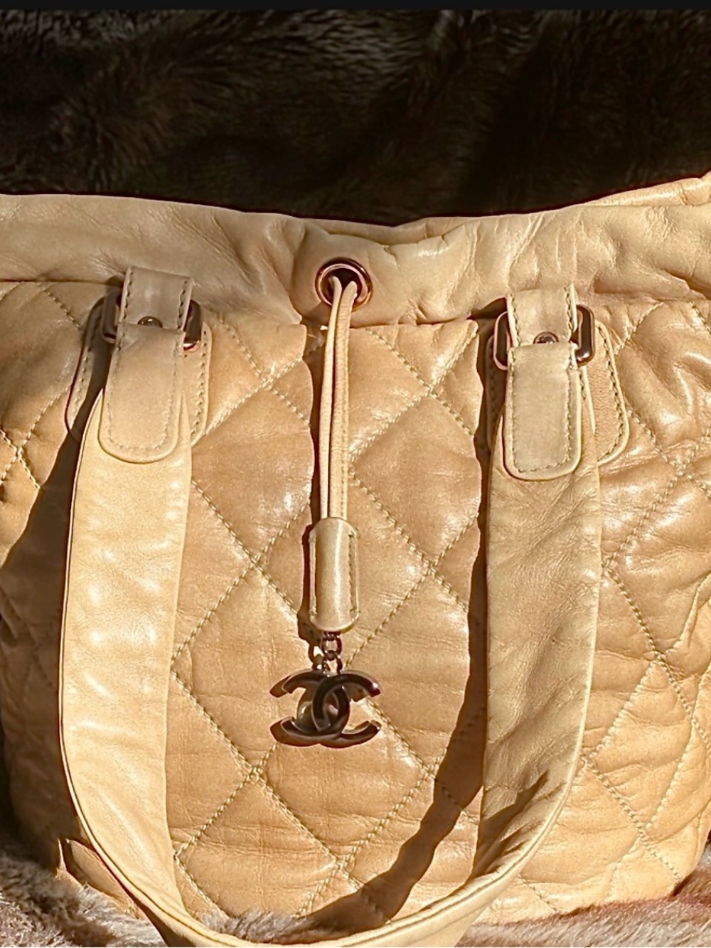 Vintage Chanel Beige North South Cloudy Bundle Quilted Lambskin Rose Gold HW